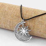 1pcs Antique Bronze Silver Crescent Moon/Sun Charm Pendant Real Leather End Lobster Clasp Necklace For Boho Hippy 18"+2"Chain