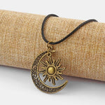 1pcs Antique Bronze Silver Crescent Moon/Sun Charm Pendant Real Leather End Lobster Clasp Necklace For Boho Hippy 18"+2"Chain