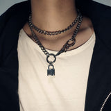 Cool Handmade Silver Chain Lock Pendant Choker Necklaces for Women Men Girl Punk Gothic Chains O- Round Pendant Collar Necklace