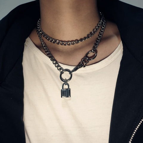 Cool Handmade Silver Chain Lock Pendant Choker Necklaces for Women Men Girl Punk Gothic Chains O- Round Pendant Collar Necklace
