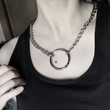 Cool Handmade Silver Chain Lock Pendant Choker Necklaces for Women Men Girl Punk Gothic Chains O- Round Pendant Collar Necklace