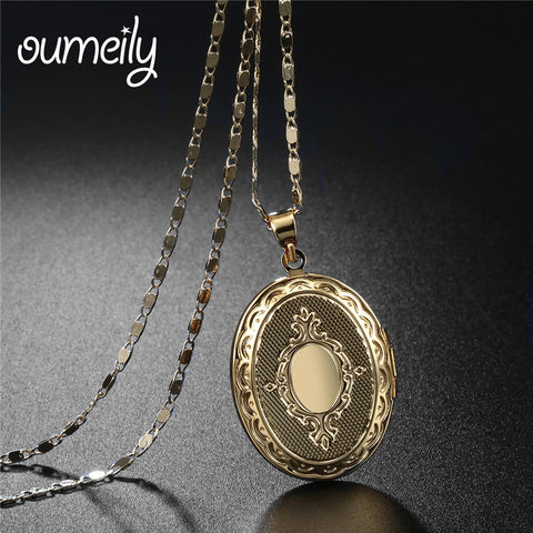 OUMEILY European Style Locket Silver Gold Color For Women Fashion Jewelry Vintage Pendant Necklace Picture Frame Accessories