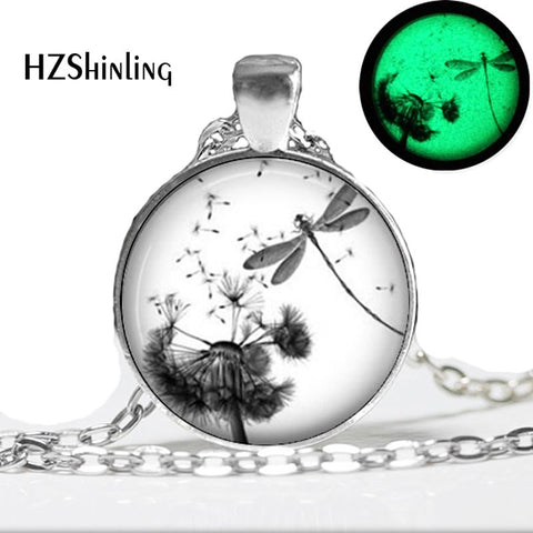 Glow in the dark Dragonfly Necklace  Dandelion Necklace Dragonfly Jewelry,Art picture Glowing Necklace Pendant