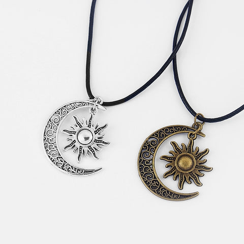 1pcs Antique Bronze Silver Crescent Moon/Sun Charm Pendant Real Leather End Lobster Clasp Necklace For Boho Hippy 18"+2"Chain