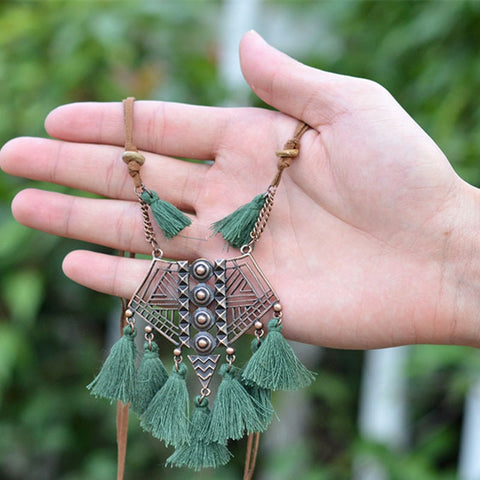DIEZI Bohemian Geometry Wool Tassels Pendant Necklace 7 Colors Pink Ethnic Sweater Chain Fringed Chokers Necklace Jewelry