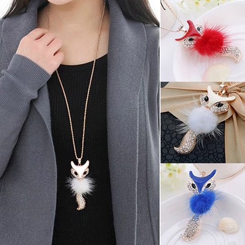 Hot sell Women's Rhinestone Feather Cute Fox Pendant Long statement necklaces & pendants W