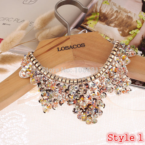 Hot sell Fashion women crystal multicolor flowers beads gold chain Ribbon Fake collar Choker Necklaces 12 Styles U choose
