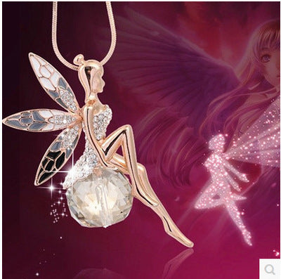 New Women Crystal Shiny Fairy Rhinestones Angel Wings Long Chain Party Pendant Necklace Sweater Chain Fashion Jewelry
